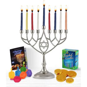 Last Minute Complete Hanukkah Menorah Kit - 9" Menorah, 44 Colored Hanukkah Candles, Chanukah Handbook Guide , 4 Colored Dreidels