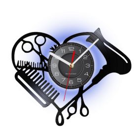 Barber Shop Tools Vinyl Record Wall Clock Beauty Hair Salon Heart Shape Dryer Scissor Comb Hairstylist Design Silent Clock Watch (Color: With light)